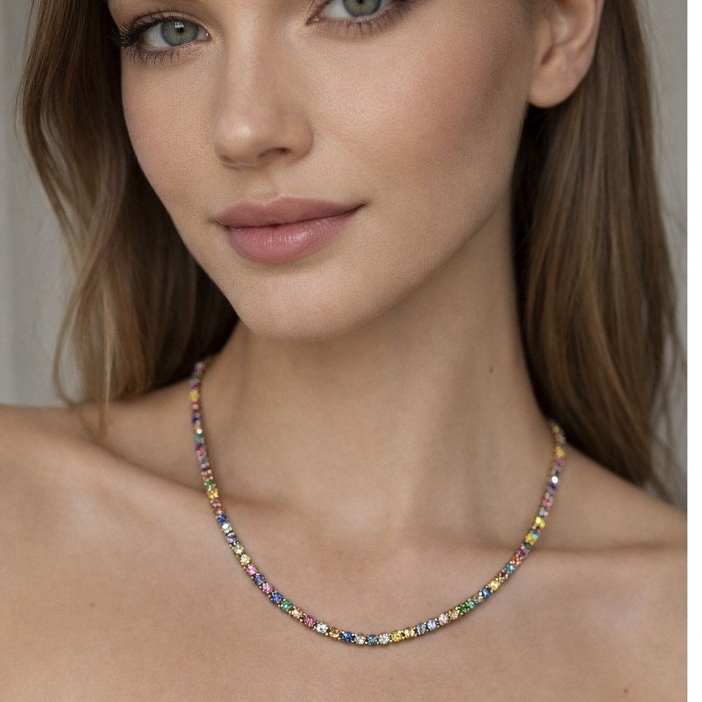 BaubleBar Bennet Rainbow Tennis Necklace Goldโ Plated Round Cut 18in NEW